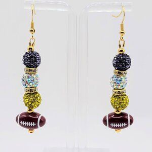 Handmade Purple, White and Gold Beaded Football Earrings